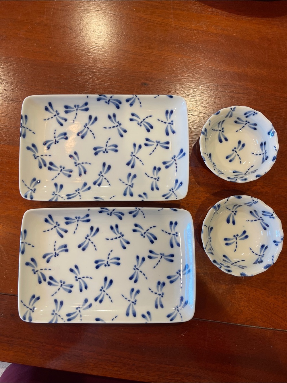 Blue Dragonfly Porcelain Serving Plates and Bowls - White & Blue
